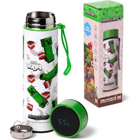 Bottiglia Termica in Acciaio con Termometro LED - Creeper & TNT - Borraccia Minecraft 450ml - Design a Doppia camera