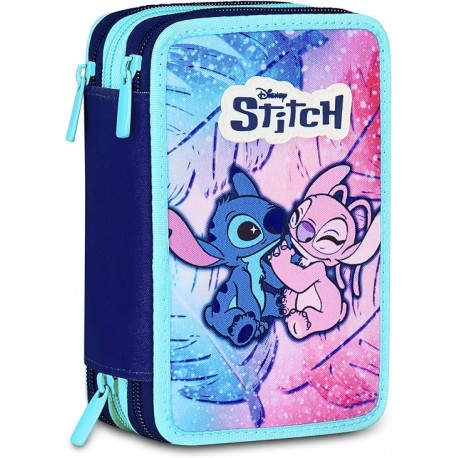 Seven Astuccio Lilo & Stitch Scuola 3 Zip, Celeste e Rosa, Portapenne Triplo Scomparto Completo